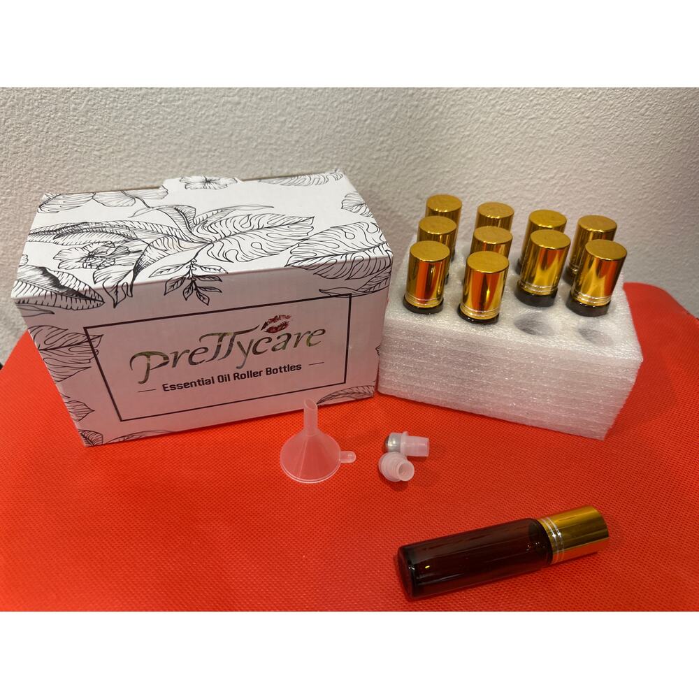 PrettyCare Essential Oil Roller Bottles (10ml Amber Glass, 11 Pack) New, Brown
